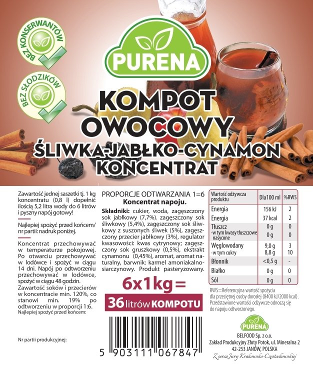 Kompot śliwka-jabłko-cynamon koncentrat 1kg na 6l