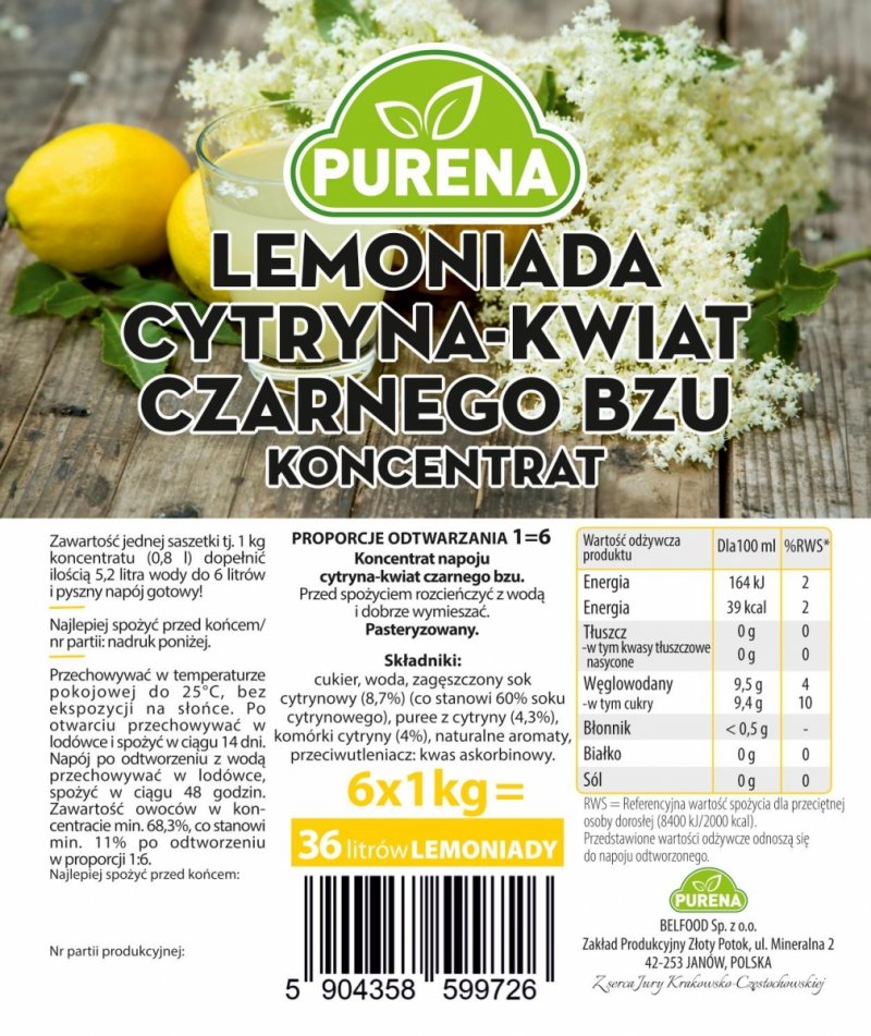 Lemoniada cytryna-kwiat czarnego bzu koncentrat 3x1kg na 18l