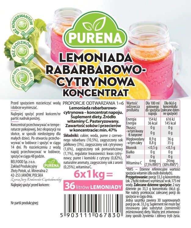 Lemoniada rabarbar-cytryna koncentrat 1kg na 6l