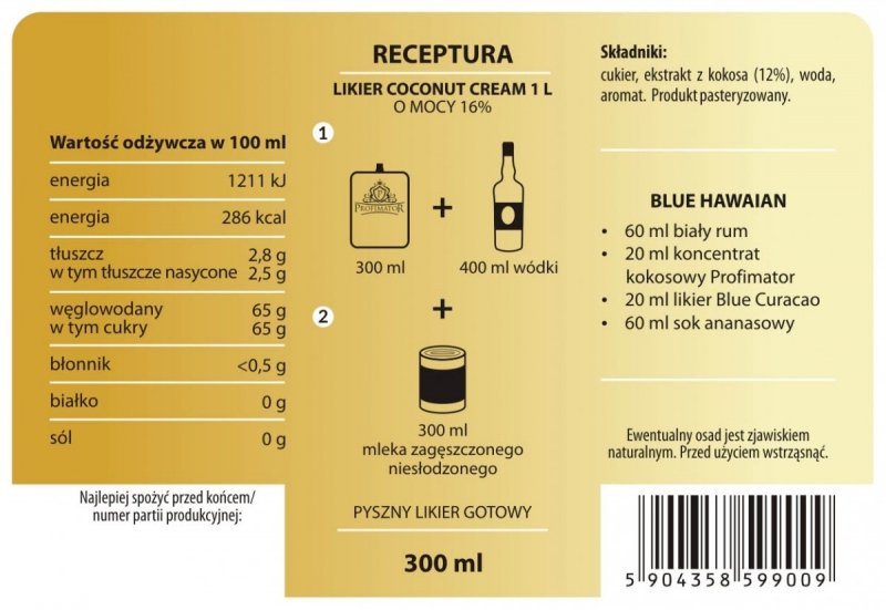 Bezalkoholowy koncentrat do przygotowywania napojów alkoholowych COCONUT CREAM box 9x300ml