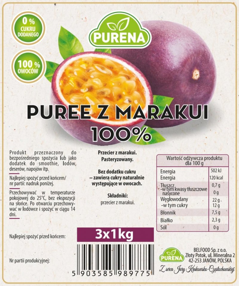 Pulpa puree przecier 100% bez cukru z marakui 1kg