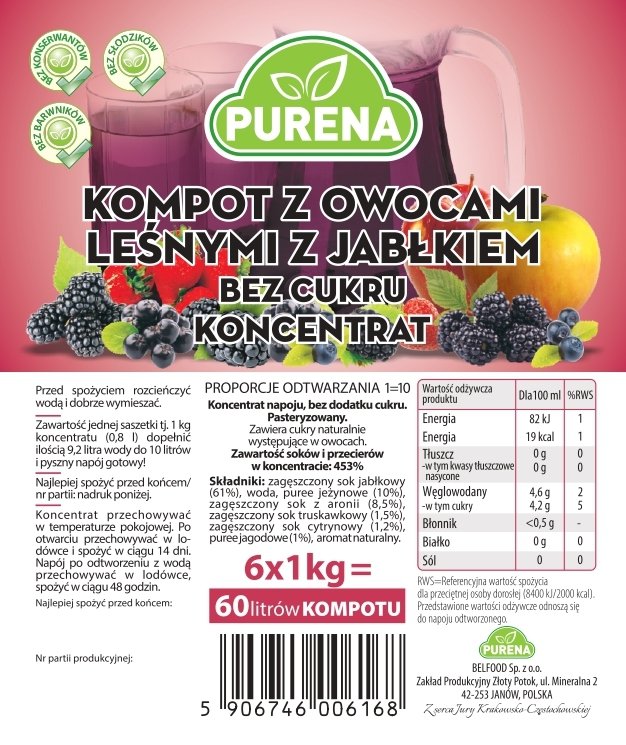 Kompot z owocami leśnymi koncentrat bez cukru 1kg na 10l
