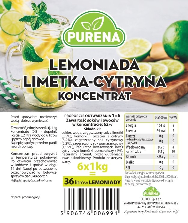 Lemoniada limetka-cytryna koncentrat 3x1kg na 18l