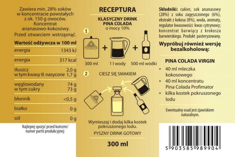 Bezalkoholowy koncentrat do przygotowywania napojów alkoholowych PINACOLADA box 9x300 ml