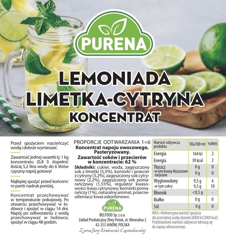 Lemoniada limetka-cytryna koncentrat 3x1kg na 18l