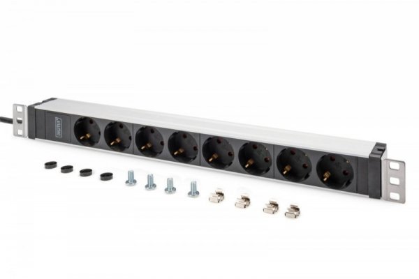 Digitus Listwa zasilająca PDU 19&quot; Rack, 8x gniazdo ze stykami ochronnymi unischuko 16A/230V, 1x wtyczka IEC C20, 16A, przewód zasilający 2 m, Aluminiowa