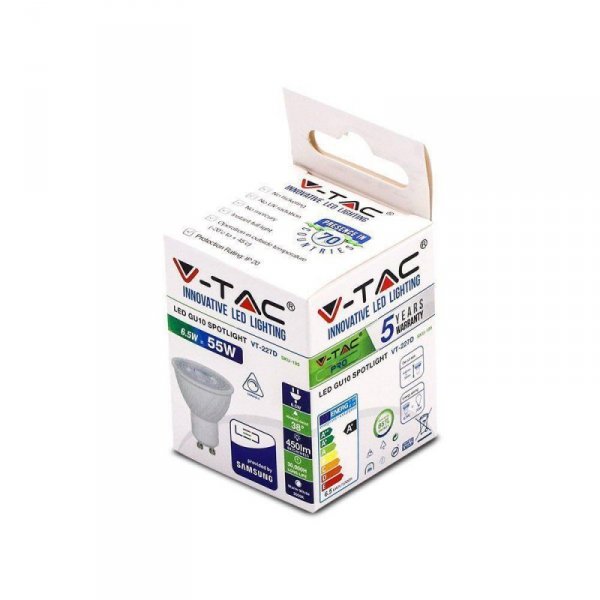 Żarówka LED V-TAC SAMSUNG CHIP 6.5W GU10 38st Ściemnialna VT-227 6400K 450lm 5 Lat Gwarancji
