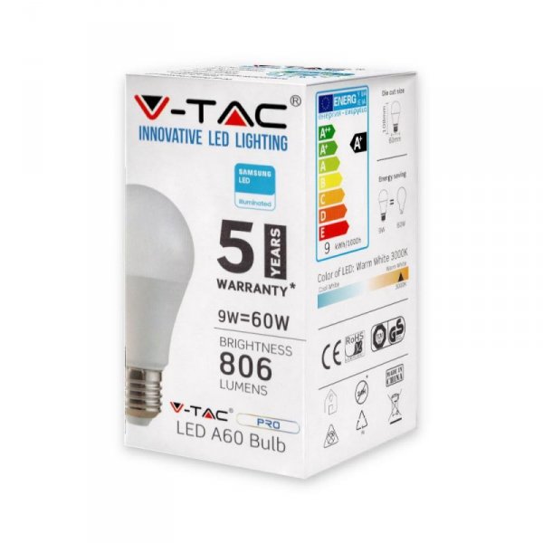 Żarówka LED V-TAC SAMSUNG CHIP 9W E27 A60 VT-210 3000K 806lm 5 Lat Gwarancji