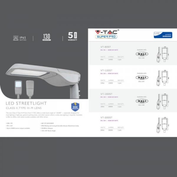 Oprawa Uliczna LED V-TAC SAMSUNG CHIP 160W 302Z+ Class II Type 3M 0-10V VT-160ST 4000K 20800lm 5 Lat Gwarancji