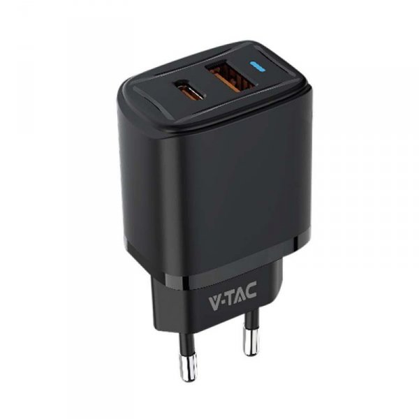 Ładowarka USB V-TAC szybka 20W czarna mini dual USB type-A type-C VT-3530