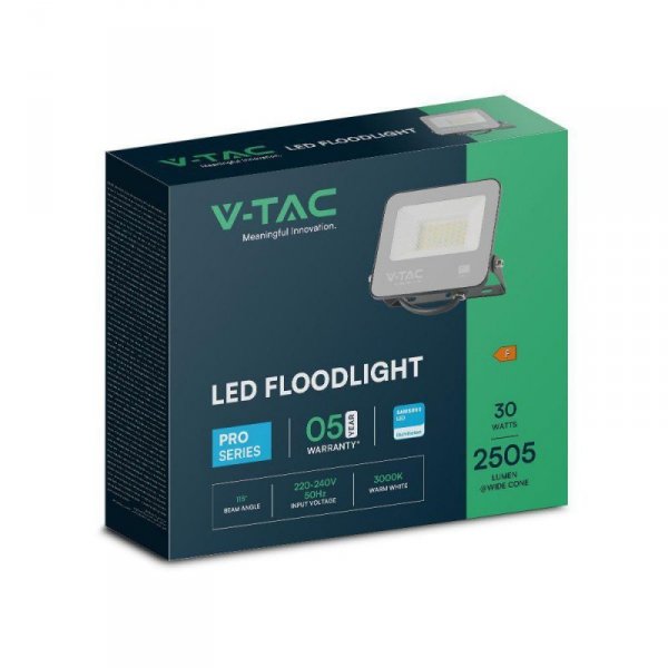 Projektor LED V-TAC 30W 100Lm/W Przewód 1mb SAMSUNG CHIP Czarny VT-44035 3000K 2505lm 5 Lat Gwarancji