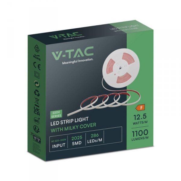 Taśma LED 230V V-TAC Bezpunktowa COB 286LED/m 12,5W/m Rolka 10mb VT-2025 286-10M 3000K 1100lm