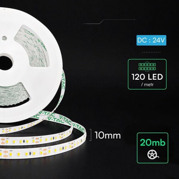Taśma LED premium V-TAC SMD2835 120LED/m 8W/m 24V 2xPCB rolka 20metrów VT-2835 6500K 785lm