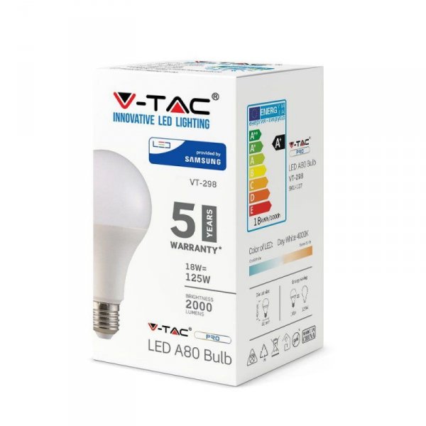 Żarówka LED V-TAC SAMSUNG CHIP 18W E27 A80 VT-298 3000K 2000lm 5 Lat Gwarancji