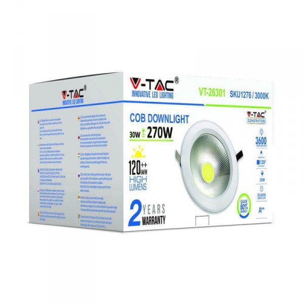 Oprawa 30W LED V-TAC COB Downlight Okrągły A++ 120lm/W VT-26301 4000K 3600lm