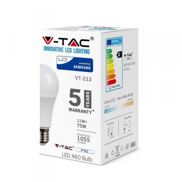 Żarówka LED V-TAC SAMSUNG CHIP 11W E27 A60 VT-212 3000K 1055lm 5 Lat Gwarancji