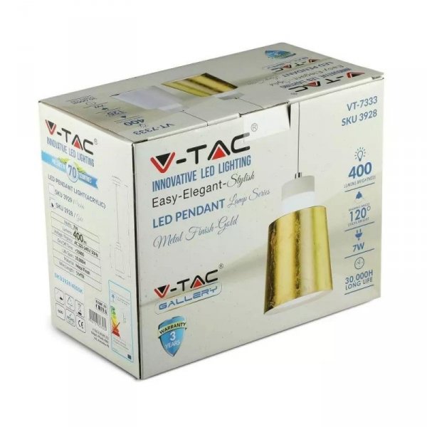 Oprawa Zwieszana LED V-TAC 7W (Akryl) Złoty 120x190mm VT-7333-G 3000K 400lm 3 Lata Gwarancji