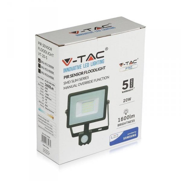 Projektor LED V-TAC 20W SAMSUNG CHIP Czujnik Ruchu Funkcja Cut-OFF Czarny VT-20-S 6400K 1600lm 5 Lat Gwarancji