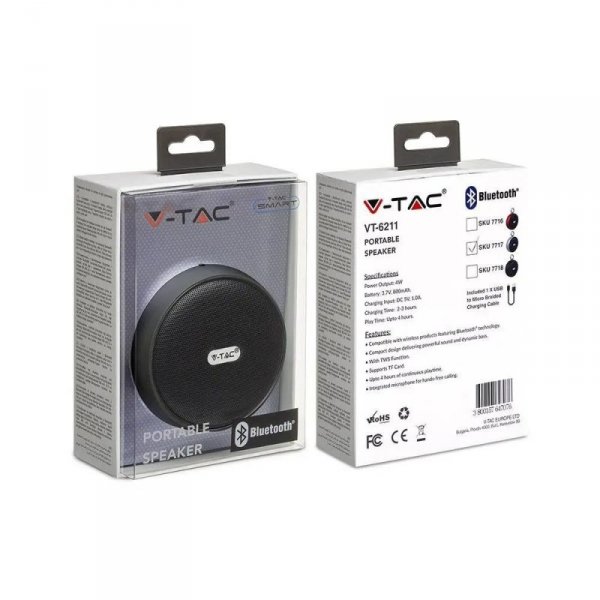Przenośny Głośnik Bluetooth Micro USB Wysokiej jakości przewód 800mAh Srebrny V-TAC VT-6211