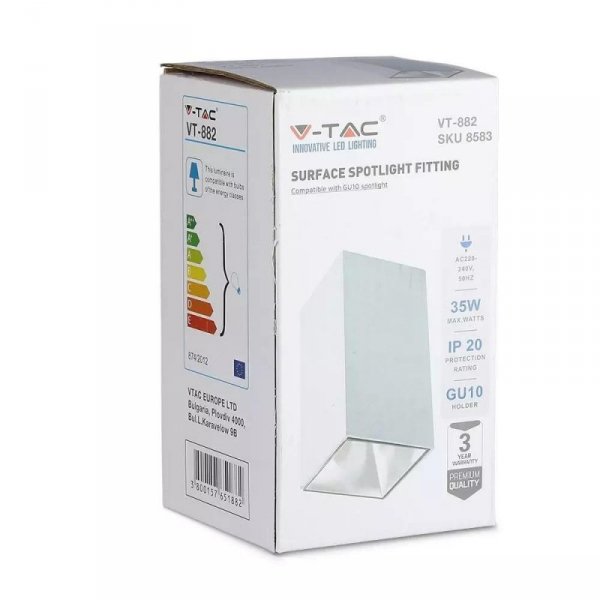 Oprawa Sufitowa V-TAC GU10 Kwadrat Natynkowa Biały 74x74x140mm VT-882-Q 3 Lata Gwarancji