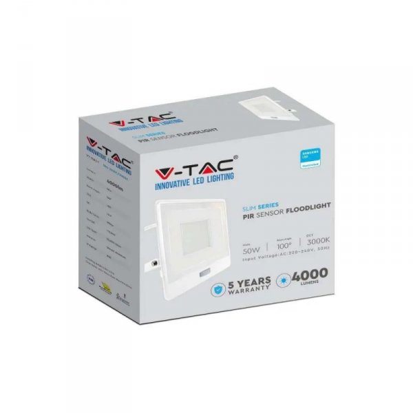 Projektor LED V-TAC 50W SAMSUNG CHIP Czujnik Ruchu Biały Przewód 1M VT-158S-1-W 6400K 4000lm 5 Lat Gwarancji