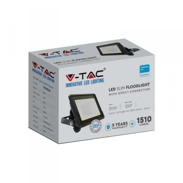 Projektor LED V-TAC 20W SAMSUNG CHIP Czarny Z MUFĄ VT-128 6500K 1510lm 5 Lat Gwarancji