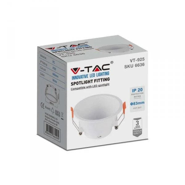 Oczko V-TAC GU10 wpuszczane głębokie okrągłe białe VT-925-W 3 lata gwarancji