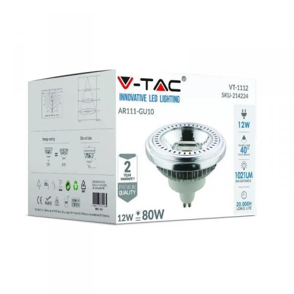 Żarówka LED V-TAC AR111 12W GU10 230V 40st COB VT-1112 3000K 1021lm