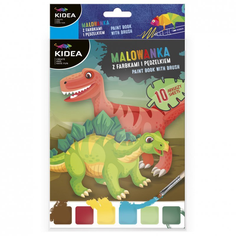 Malowanka z farbkami i pędzelkiem Kidea dinozaury