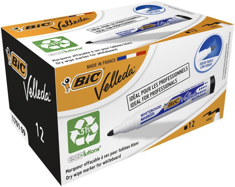 Paczka Marker suchościeralny czarny okrągła końcówka BIC Velleda 1701 ECOlutions 12szt.