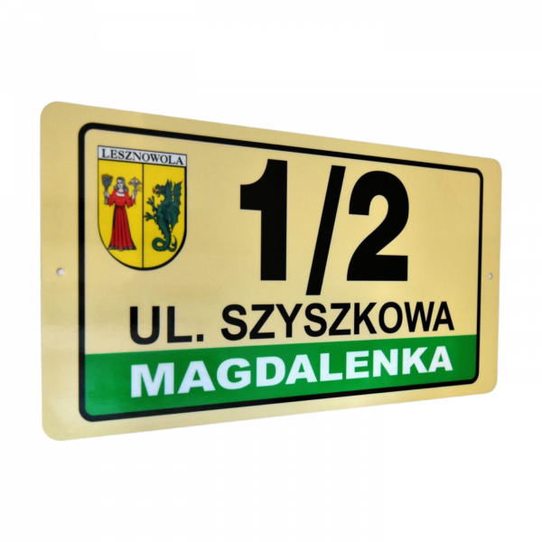 Aluminiowa tablica adresowa z herbem miejscowości – wersja nocna