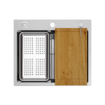 Quadron BURT 100 Workstation SteelQ zlewozmywak 1-komorowy b/o stal szlachetna 580*485 mm + syfon push to open + dozownik stal szcz. + wkładka ociekowa+ Qmata + deska drewniana + nakładka MF5850BS