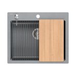 Quadron | KURT 110 | kuchenny zlewozmywak granitowy SZARY | wymiary: 59,5 x 50 x 21,5 cm | akcesoria: syfon, dozownik, deska, Qmata, wkładka ociekowa | 1-komorowy wpuszczany | podbudowa szafki: od 60 cm HCQK5052SZK