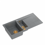QUADRON EVAN 156 GraniteQ zlewozmywak z syfonem Push To Open 1,5-komorowy z/o (1000x500x210; kom. 420x480) silver stone / elementy miedziane HQE5510050U5PVDC1P2O
