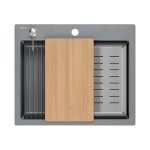 Quadron | KURT 110 | kuchenny zlewozmywak granitowy SZARY | wymiary: 59,5 x 50 x 21,5 cm | akcesoria: syfon, dozownik, deska, Qmata, wkładka ociekowa | 1-komorowy wpuszczany | podbudowa szafki: od 60 cm HCQK5052SZK