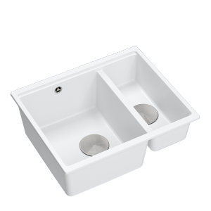 QUADRON | LOGAN 150 | granitowy zlewozmywak kuchenny BIAŁY + STAL | wymiary: 55,5 x 46 x 22 cm | 1,5-komorowy podwieszany| podbudowa szafki od: 60 cm HCQL5646U1BSU