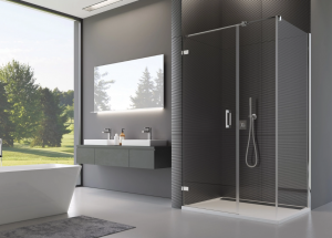 Ronal Sanswiss ścianka boczna 90° lub w linii 30-100x0-200 cm, szkło pas satynowy poziomy, profile chrom PUDT3PSM21051