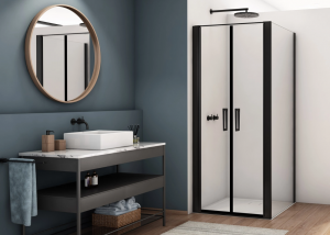 Ronal drzwi wahadłowe dwuczęściowe na wymiar 90,1-120x0-200 cm, szkło przezroczyste, profile BLACK LINE czarny mat D22T2SM20607