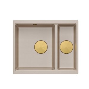 Quadron LOGAN 150 GraniteQ zlewozmywak pearl beige 56x46x22 cm 1,5-komorowy b/o podwieszany + syfon manualny złoty save space HCQL5646U2G1U