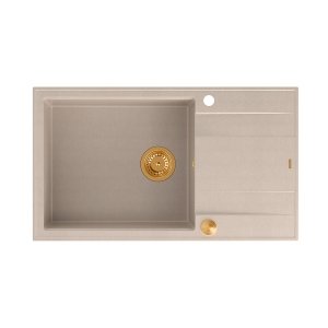 Quadron EVAN 136 XL GraniteQ zlewozmywak z syfonem Push to Open 1-komorowy z/o (860x500x210; kom. 420x490) pearl beige / elementy miedziane HCQE58650U2PVDC1P2O