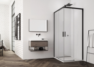 Ronal wejście narożne prawe na wymiar z drzwiami rozsuwanymi, kabina asymetryczna 60-90x0-200 cm, szkło przezroczyste, profile BLACK LINE czarny mat TLSDSM10607