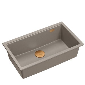 Quadron LOGAN 110 GraniteQ zlewozmywak soft taupe 76x44x23,5 cm 1-komorowy podwieszany z syfonem manualnym miedziany HQD7644U4PVDC1U