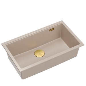 Quadron LOGAN 110 GraniteQ zlewozmywak pearl beige 76x45x23,5 cm 1-komorowy podwieszany z syfonem manualnym złoty HQD7644U2PVDG1U