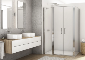 Ronal drzwi wahadłowe dwuczęściowe ze ścianką stałą w linii 120x200 cm, szkło przezroczyste, profile Srebrny połysk D22T32090305007