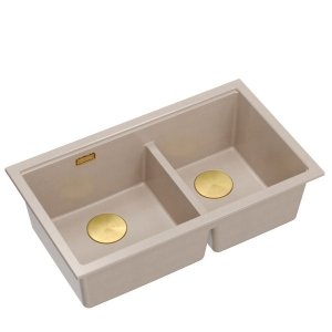 QUADRON | LOGAN 120 | granitowy zlewozmywak kuchenny PEARL BEIGE + ZŁOTY PVD | wymiar: 76 x 45 x 23,5 cm | 2-komorowy wpuszczany | podbudowa szafki od: 80 cm HQL7645U2PVDG1I