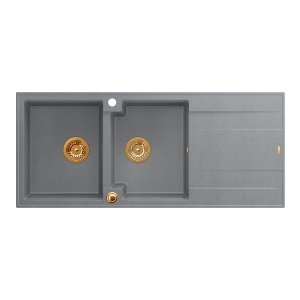 QUADRON EVAN 121 GraniteQ zlewozmywak z syfonem Push To Open 2-komorowy z/o (1160x500x210; kom. 420x340) silver stone / elementy miedziane HQE11650U5PVDC1P2O