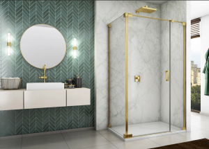 Ronal Sanswiss drzwi wahadłowe jednoczęściowe lewe ze ścianką stałą w linii 110x200 cm, szkło przezroczyste, profile GOLD LINE złoty CA31CG1101207