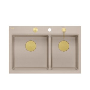 Quadron MARC 120 WORKSTATION GraniteQ zlewozmywak 2-komorowy 760*500*235 mm pearl beige + syfon push to open + dozownik + deska + wkładka / elementy złote HQC7650U2PVDG1
