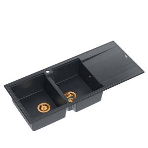 QUADRON EVAN 121 GraniteQ zlewozmywak z syfonem Push To Open 2-komorowy z/o (1160x500x210; kom. 420x340) black diamond / elementy miedziane HQE11650U8PVDC1P2O