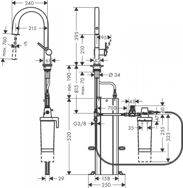 Hansgrohe Aqittura M91 Bateria kuchenna z wyciąganą wylewką z filtrem stal szlachetna szczotkowana 76800800